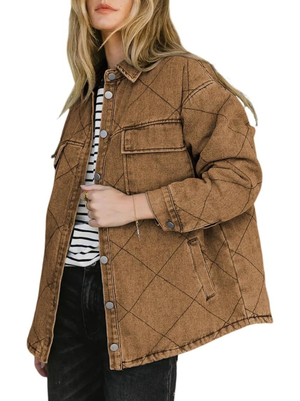 Women’s Khaki Long Sleeve Button Down Oversized Denim Jacket Pocket Shacket